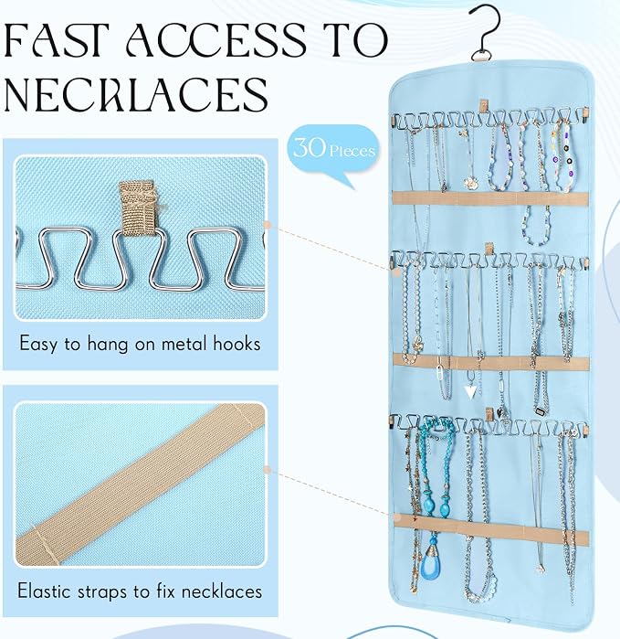 2 Pack Hanging Jewelry Organizer Storage with 39 Pockets, 30 Necklace Hooks Double Sided Wall Mount Earring Holder Organizer Bracelet Necklace Jewelry Display Hanger for Closet Door (Blue)
