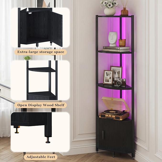 Corner Shelf with Storage, LED Lights 6-Tier Corner Bookshelf, 66'' Organizer Book Shelf Shelves Steel Frame Display Stand with Living Room, Bedroom, Study, Black