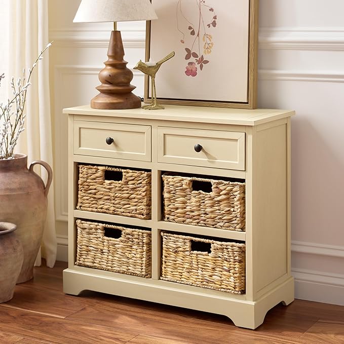 SAFAVIEH Home Collection – Herman Sand Storage Unit, 2-Drawer 4-Basket Mixed-Material Organizer, Fully Assembled (AMH5702J)