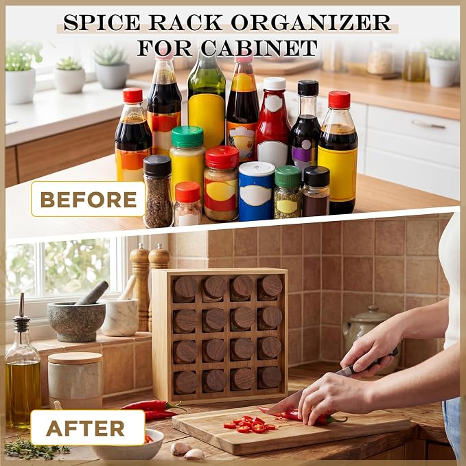 Novabright 16 Grids Bamboo Spice Rack Organizer, Wooden Spice Rack Wall Mount with Square Compartments, Wood Hanging Shelf for 4 oz Glass Jar Drawer Cabinet Kitchen Countertop Wall, Jars Not Included