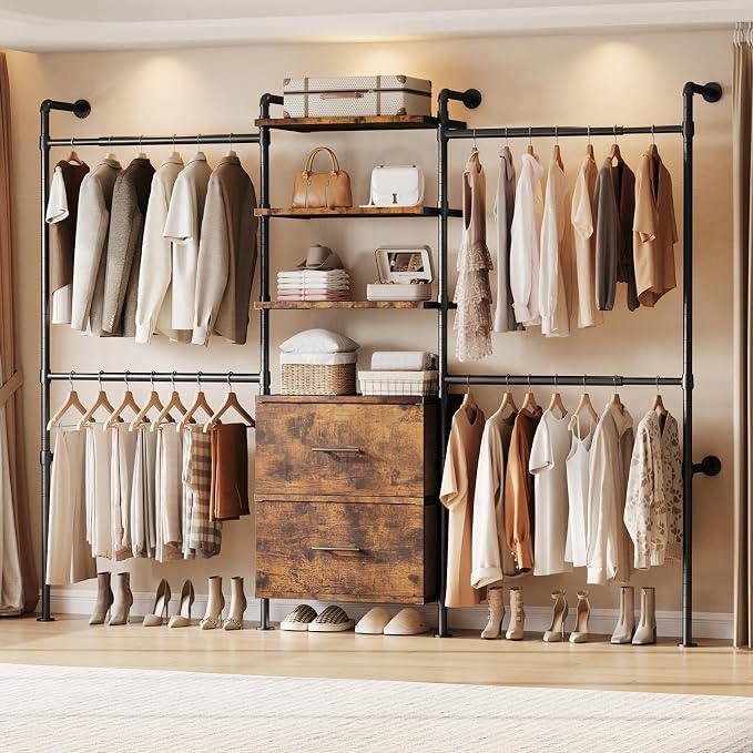 ONBRILL T3 Wall Mounted Industrial Pipe Closet Organizers Storage System | Metal Clothing Rack with 2 Drawers, 6 Wooden Shelves & 4 Expandable Rods, Heavy Duty Garment Rack, Wardrobe (Rustic Brown)