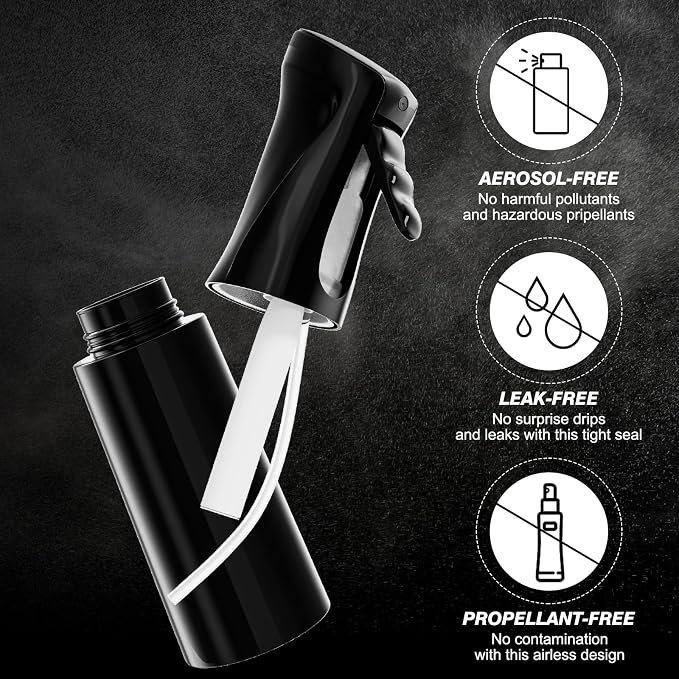 IMPORX Continuous Spray Bottle for Hair 2 Pack (10.1oz/300ml) Black | Empty Plastic Ultra Fine Mist Misting Water Mister Spray Bottles for Cleaning Hairstyling Barber Curly Hair Garden Plants