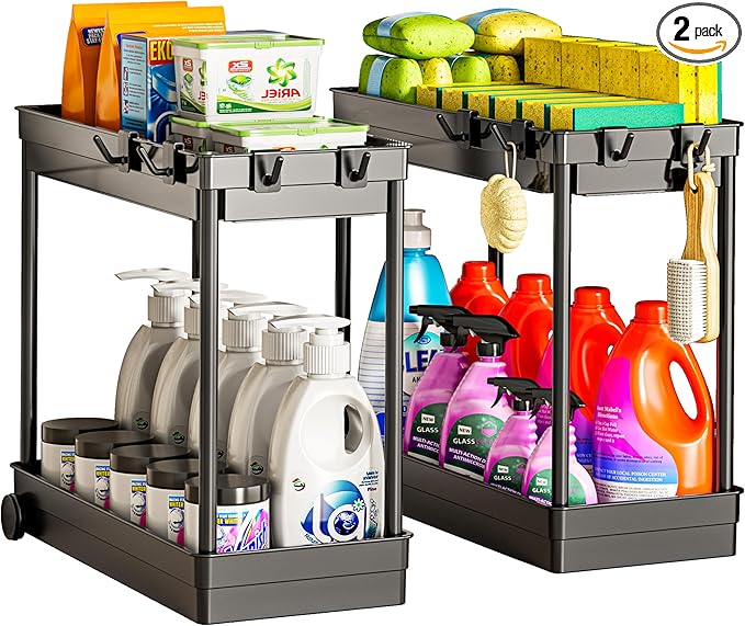 Cicilyna 2 Pack Under Sink Organizer, 2 Tier Bathroom Cabinet Organizers and Storage with Hook, Multi-purpose Storage Basket Shelf for Kitchen, Black