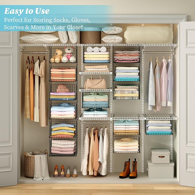 3-Pack Hanging Laundry Room Organizaton：Foldable Laundry Basket Wire Basket with 360°Rotating Hooks Small Space Organization Over Washer and Dryer Shelves - Hanging Closet Organizer, Black Patent