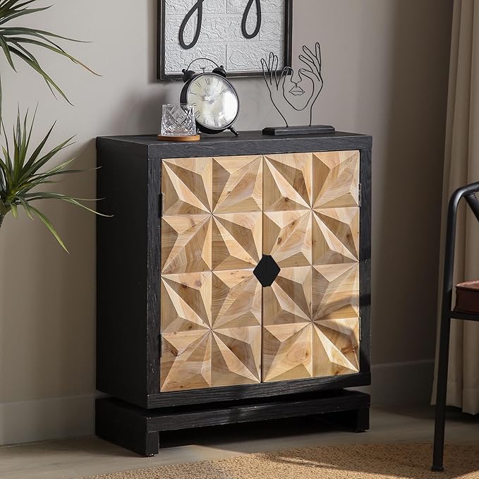 LIFE SKY 3D Geometric Storage Cabinet: Modern Double-Door Wooden Accent Furniture - Creative Studio Organizer & Home Office Decor Solution