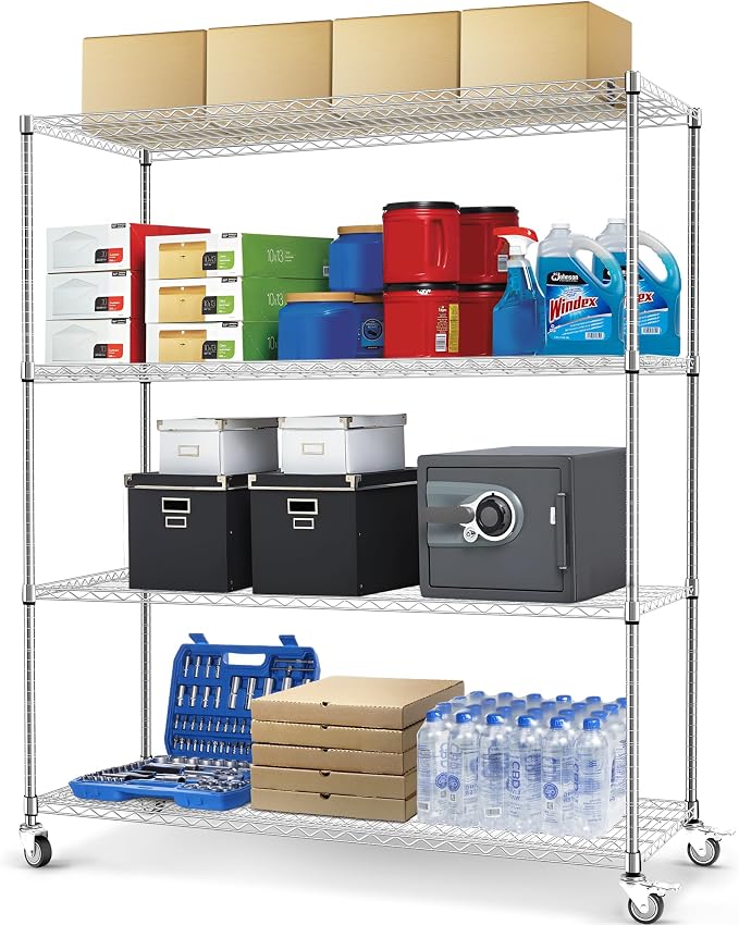 Rengue 60" W Storage Shelves with Wheels 4-Tier Heavy Duty Wire Shelving 72" H x 24" D Large Metal Storage Rack with Adjustable Garage & Pantry Shelves, 3200 LBS Commercial Grade, Chrome, Silver