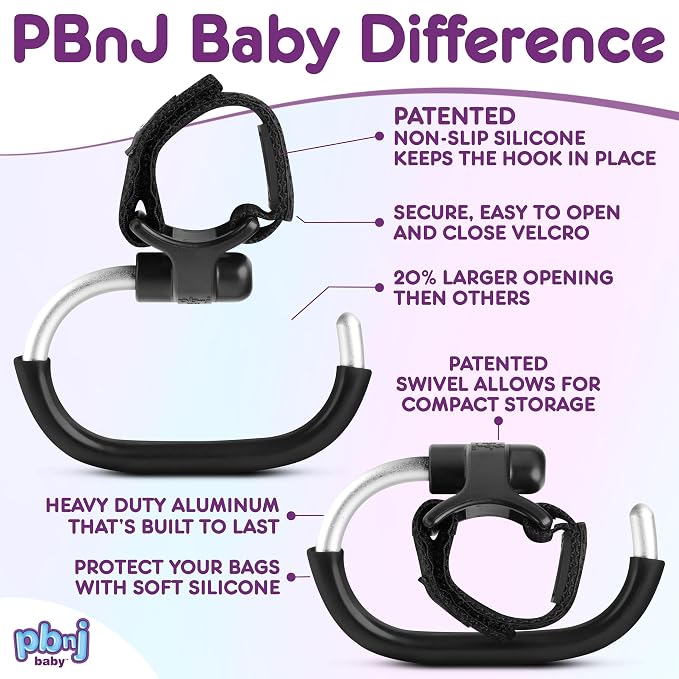 PBnJ Baby Foldable Stroller Hooks for Diaper Bags and Purses, 2 Pack | For Hanging Diaper Bags and Purses, Foldable Hooks, Stroller Accessories Organizer