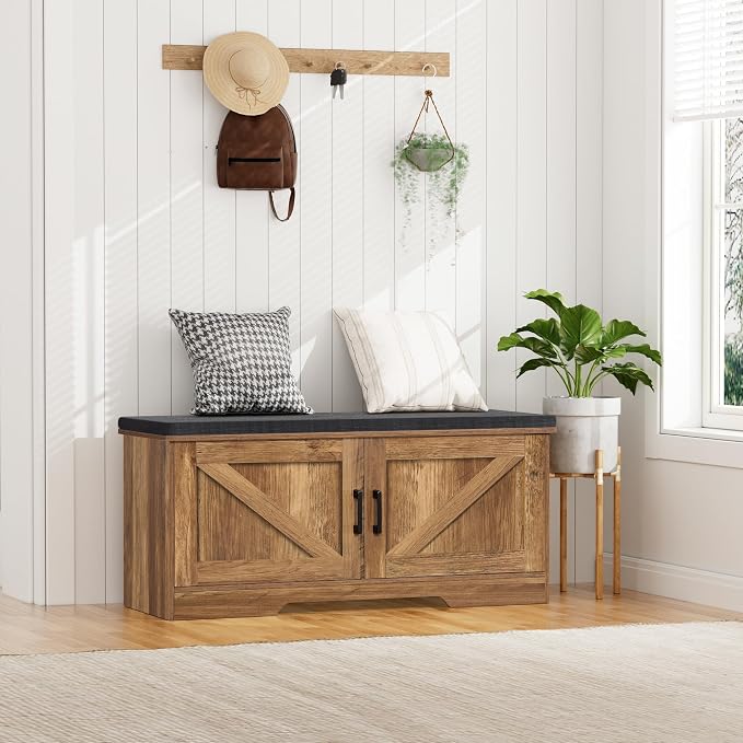 HOMSHO Farmhouse Shoe Storage Bench with 2 Barn Doors & Padded Seat Cushion | 39.4" Wide Entryway Bench with Adjustable Shelves & Hidden Storage, Rustic Walnut