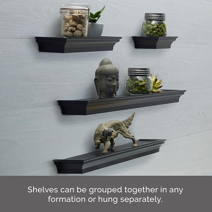 MELANNCO Floating Wall Shelves for Bedroom, Living Room, Bathroom, Kitchen, Nursery, Set of 4, Black, 4 Count