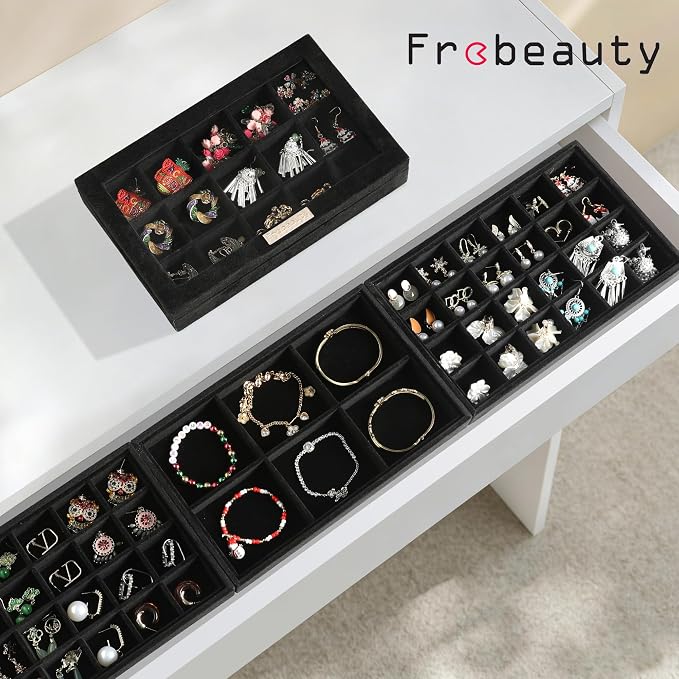 Frebeauty Stackable Jewelry Trays,Set of 4 Jewelry Organizer for Drawer | Glass Lid,Removable Dividers,Stackable Design,Velvet Material,Drawer Inserts,Earring Organizer,Jewelry Box for Rings Bracelet