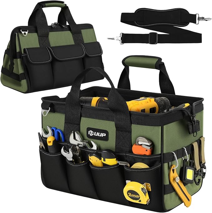 UUP Heavy Duty Tool Bag 15-Inch, 16-Pocket Portable Empty Tool Box Organizer, Big Storage Toolbox Organization, Soft Handle Large Zipper Carrying Toolbag, Father Day Gifts for Him Dad Men, Green