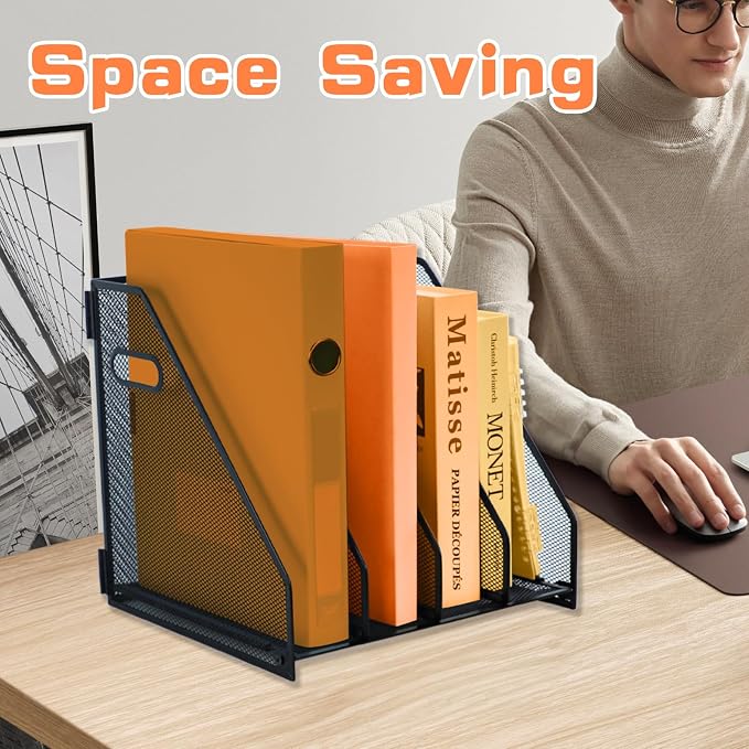 Desk file organizer metal desk magazine folder holder with 4 Vertical Compartments File Organizer for Office Home School, Black