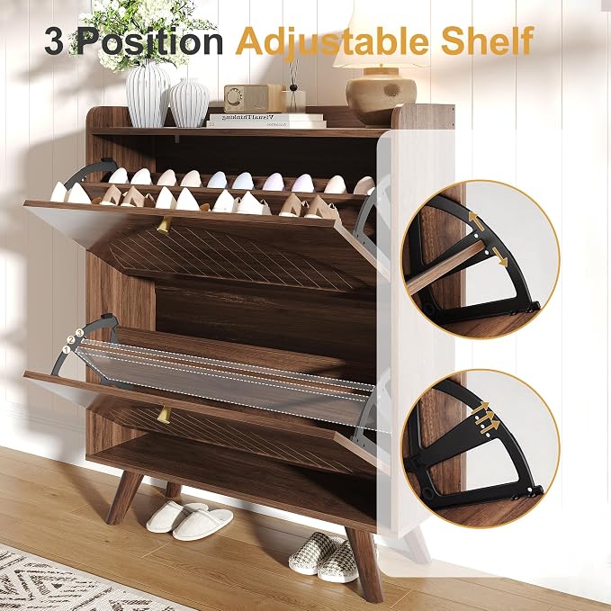 Decofy 37.6” Shoe Cabinet with 2 flip-Down Drawers, 3 Adjustable Levels, Suitable for Entryway, Hallway, Living Room (Walnut)