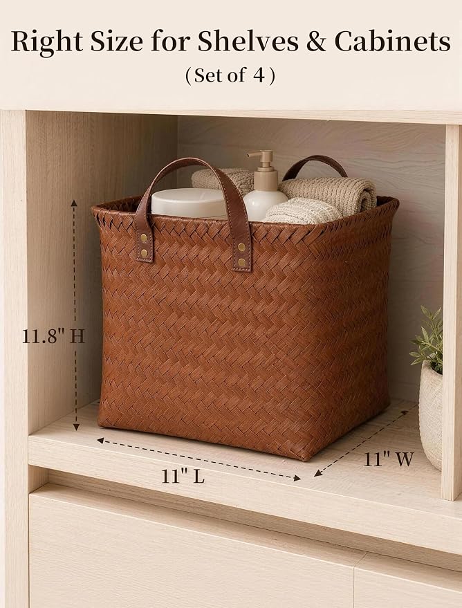 Hand Woven Baskets for Storage, 4Pcs Water-Resistant Wicker Baskets, Brown Wicker Storage Baskets for Shelves, Large Basket with Handle for Organizing, Clothes, Laundry, Blanket - Square