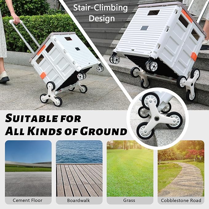 Foldable Utility Cart Collapsible Portable Crate Rolling Carts with Stair Climbing Wheels Tote Basket with Magnetic Lid Telescopic Cover Wear-Resistant 360°Rotate Wheel Noiseless for Shopping Office