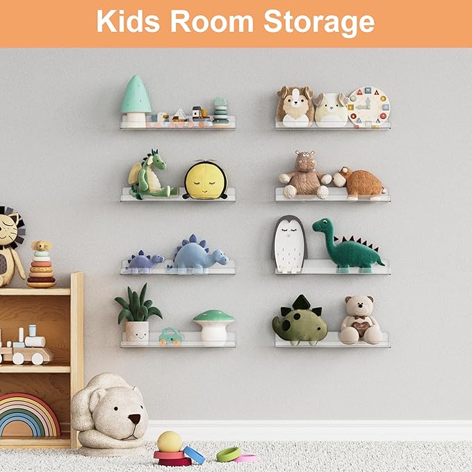 upsimples 16 Pcs 15" Acrylic Shelves for Wall Storage and Organizer, Clear | Transparent Design Highlights Skincare, Perfume, Easy-to-Find Versatile Floating Shelves for Bathroom, Bedroom and Playroom
