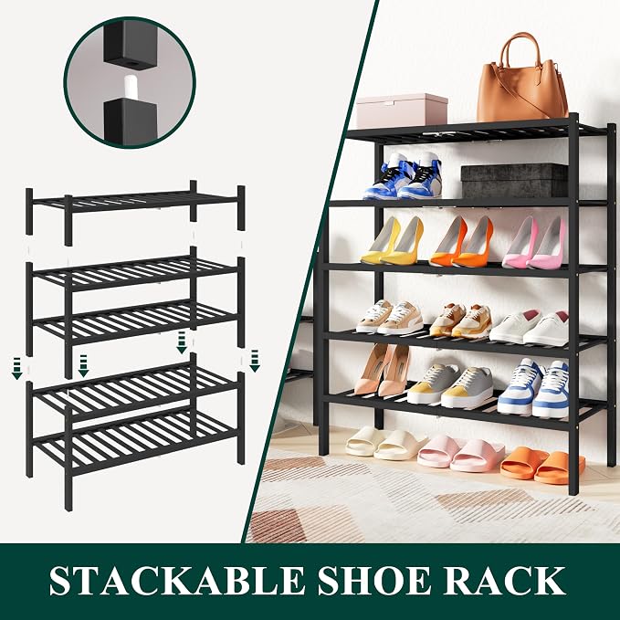 Smiry Bamboo Shoe Rack, 5 Tier Free Standing Wooden Shoe Organizer, Stackable Wood Shoe Storage Shelf for Closet, Entryway, 14 Vertical Slats, 2+2+1 Stack Heavy-Duty Legs, 26.8"x11"x32.5", Black