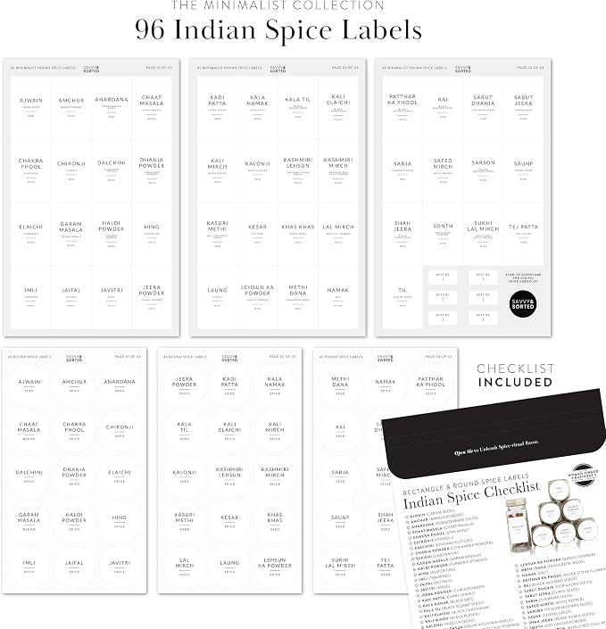 Indian Spice Labels Stickers for Jars and Lids - 96 South Asian Spice Jar Labels Waterproof Preprinted, Seasoning Herb Stickers for Containers Kitchen Pantry Organization