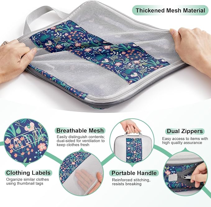 OlarHike 10 Set Compression Packing Cubes for Travel Essentials,Compressible Expandable Space Saver Bags for Organizing Clothes,Luggage Garment Bags with Over 1000 pcs Mesh Holes(Dark Blue Floral)