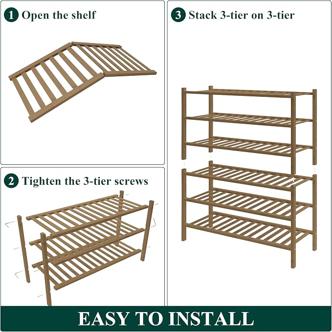 Smiry Bamboo Shoe Rack for Closet, 6 Tier Wooden Shoe Organizer, Stackable Wood Shoe Storage Shelf for Entryway, 14 Vertical Slats, 3+3 Stack Heavy-Duty Legs, 26.77"x11.02"x36.61", Walnut