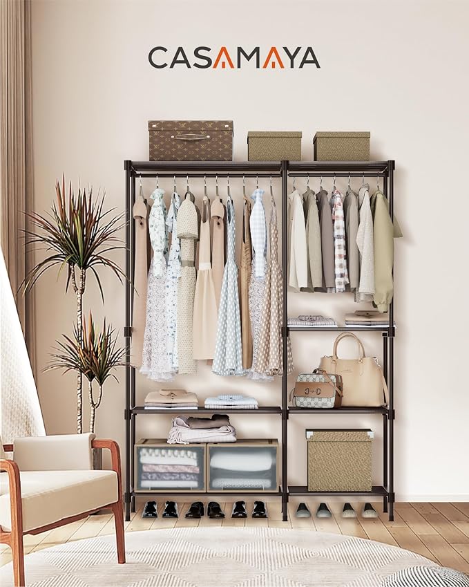 CASAMAYA Clothes Rack, Portable Closet, 44.9 Inch Large Capacity Wardrobe Closet, Clothes Storage Organizer with Shelves and 2 Hanging Rods, Easy to Assembly, Black PCT021B01