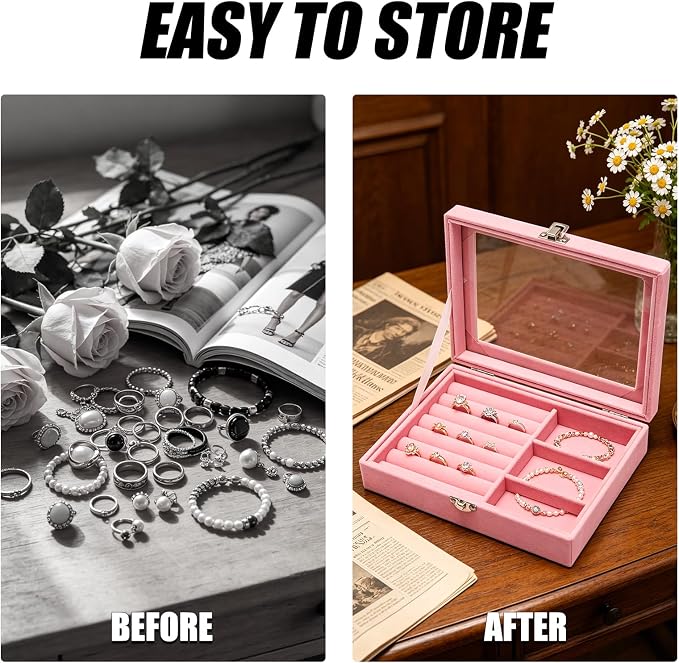 Small Velvet Jewelry Tray with Clear Lid, Lockable Ring Earring Holder Organizer Storage Box Case Jewelry Box Organizer for Rings Earrings Bracelets Brooches, 2-in-1 Pink