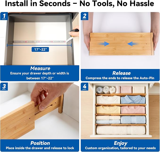 4 Pack Deep Drawer Dividers, 6" High Bamboo Expandable Drawer Organizers, 17-22" Adjustable Tension Separators, Large Drawer Dividers for Kitchen, Bedroom Dresser, Baby Nursery & Bathroom