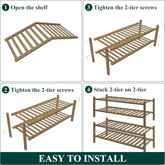 Smiry Bamboo Shoe Rack for Closet, 4 Tier Wooden Shoe Organizer, Stackable Wood Shoe Storage Shelf for Entryway, 14 Vertical Slats, 2+2 Stack Heavy-Duty Legs, 26.77"x11.02"x25.98", Walnut