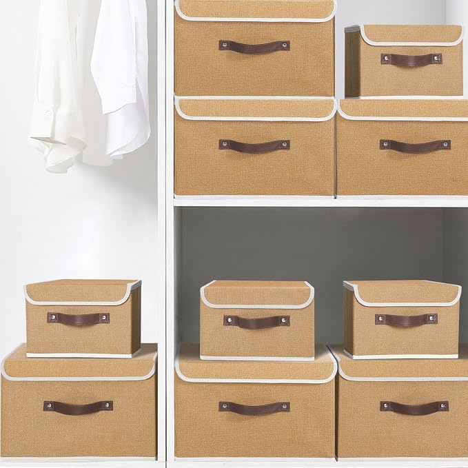 ANMINY 4PCS Storage Bin with Lid Storage Boxes with PU Leather Handles PP Plastic Board Decorative Foldable Lidded Cotton Linen Fabric Home Cubes Baskets Closet Organizer Container - Khaki, Medium
