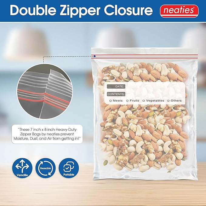 Neaties 1 Quart Resealable Bags – Medium Sized Heavy Duty Freezer Bags with Dual Zipper – 7x8" with Writable Space for Kitchen or Home Storage – BPA-Free Food Grade Plastic – 300 Pack