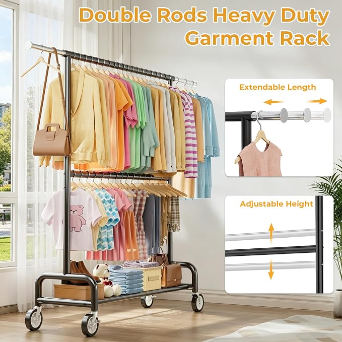 Heavy Duty Clothes Rack Load 860LBS, Double Rods Rolling Clothing Racks for Hanging Clothes, Rolling Garment Rack With Sturdy Wheels Shelves, Portable & Adjustable Commercial Garment Rack, Black
