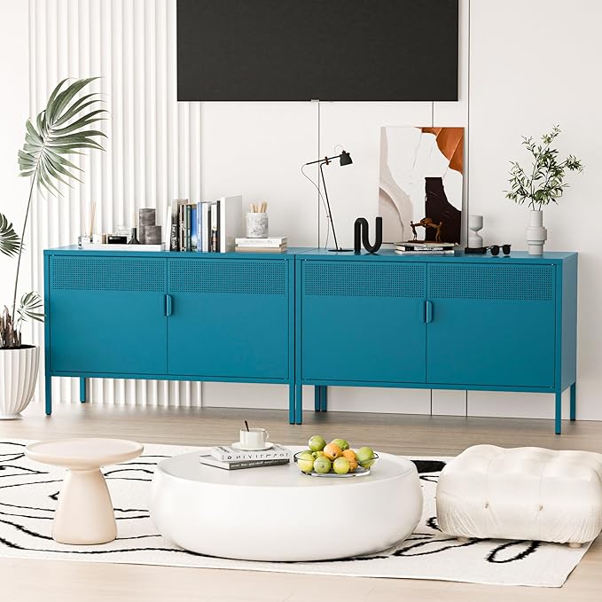 Washsemba 2 Door Storage Sideboard, Metal Storage Cabinet with 2 Adjustable Shelf,Multipurpose Metal Accent Cabinet for Office Home,Music Studio (Peacock Blue, 25''H)