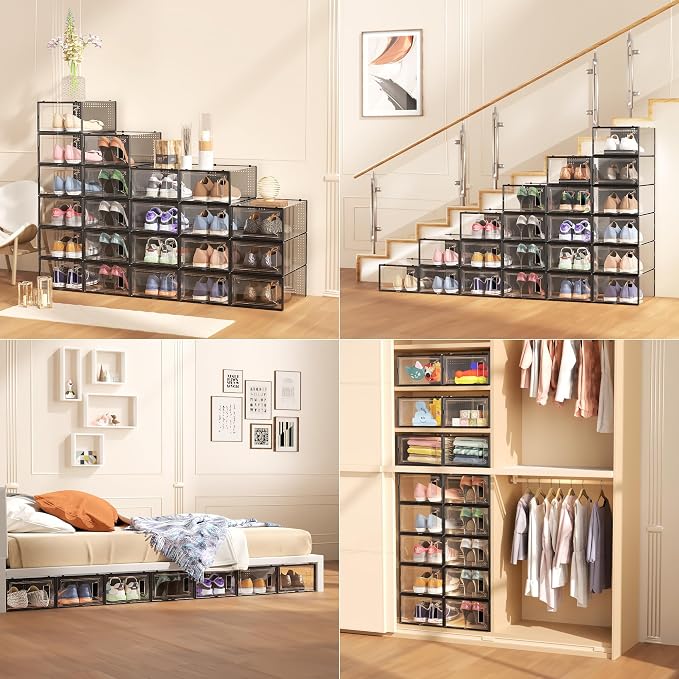 Snaxo 12 Pack X-Large Clear Shoe Storage Boxes, Stackable Modular Plastic Shoe Organizer Front-Opening Door, Ventilated Dust-Proof Sneaker Display Cases Closet and Entryway, Black