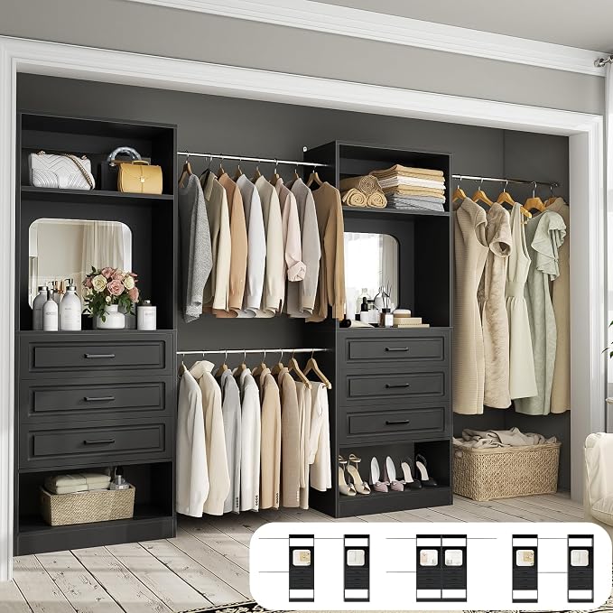 Unikito Closet System with 6 Drawers, 6-14Ft Closet Organizer with Mirror, Walk-in Closet Organizer Wardrobe Clothes Rack with 3 Hanging Rods, Sturdy Wood Clothing Garment Rack with Tower, Black