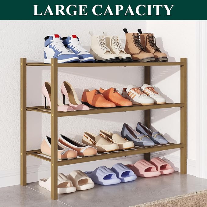 Smiry Bamboo Shoe Rack for Closet, 3 Tier Wooden Shoe Organizer, Stackable Wood Shoe Storage Shelf for Entryway, 14 Vertical Slats, One-piece Heavy-Duty Legs, 26.77"x11.02"x18.31", Walnut