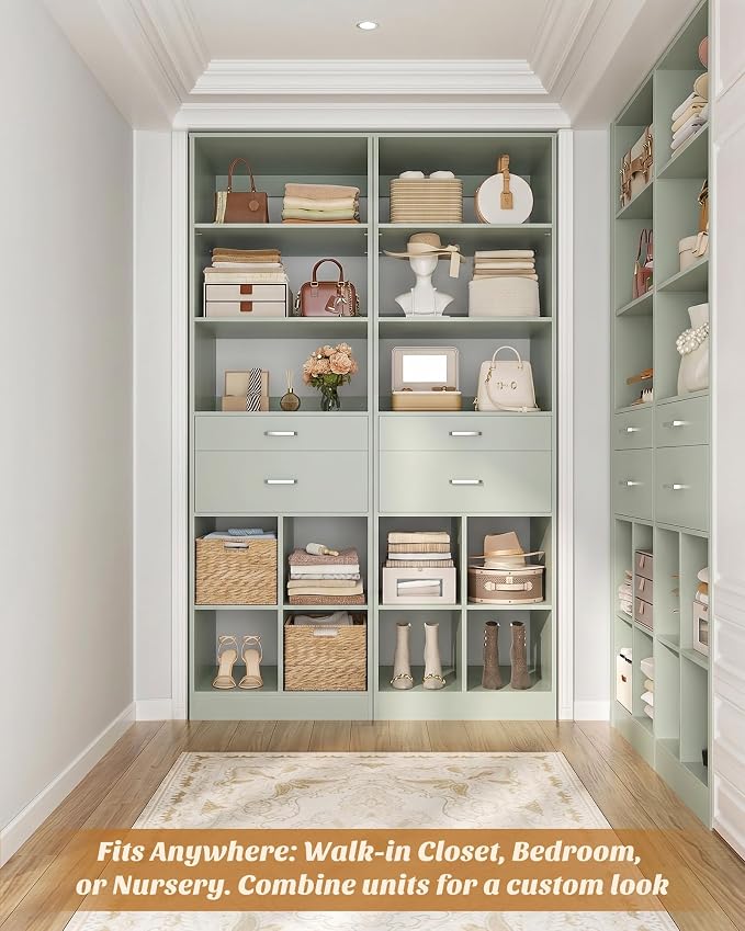 Besiost 18.9" Small Closet System with Drawers, Walk-in Closet Organizer | Small Closet Organizer for Walk in Closet, Bedroom & Nursery, Wardrobe Storage Unit with Storage and Shelves, Crab Green