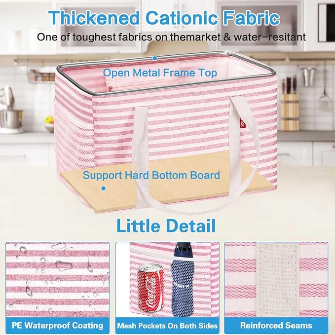 LHZK 2 Pack Utility Tote Bag with Metal Wire Frame and the Sides Rinforced, Large Tote Bag with Handle, Reusable Grocery Bags Foldable, Beach Bag, Car Tote (Pink, 18.5''x11.8''x11.5'')