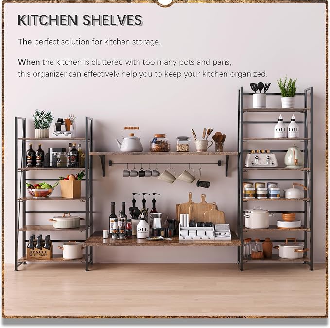4NM No Assembly Folding Bookshelf, 6-Shelf 74" H Collapsible Foldable Bookcase Storage for Small Spaces, Rustic Brown and Black