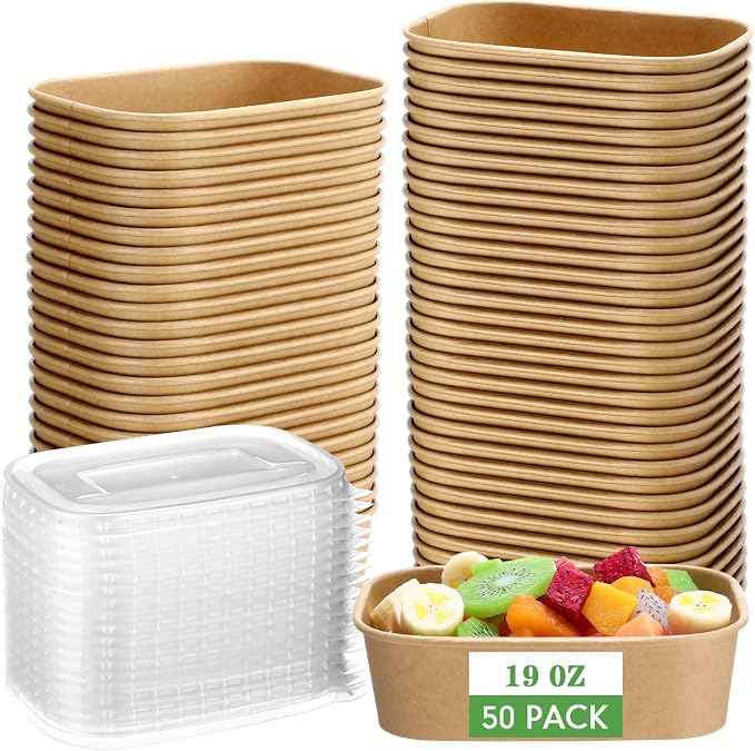Maxdot 50 Pack 19 oz Disposable Food Containers with Lids Paper Food Containers Bowls for Meal Prep, Salad, Ice Cream, Yogurt, Soup Bowls Party Leftover Box