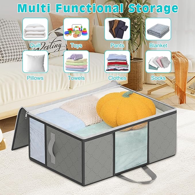 8 Pack 105L Extra Large Comforter Storage Bag, Foldable Bedding Storage Blanket Moving Bags for Clothes Pillows Sweater Dorm, Linen Closet Organizers with 4 Handles & 3 Clear Windows, Grey