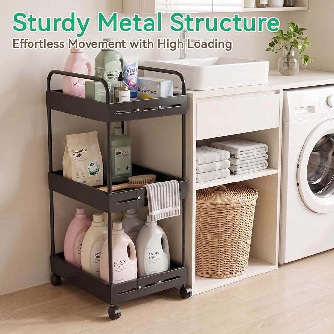 3 Tier Expandable Rolling Storage Cart, Rolling Utility Cart with Wheels | expandable adjustable width, sturdy metal frame, silent 360° wheels, storage for bathroom, kitchen, laundry & living room