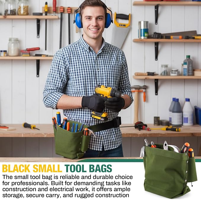 2 Pcs Tool Pouches 5" x 10" x 9", Small Tool Bags Tunnel Connection Utility Pouches for Nuts & Bolts, Double Reinforced Bottom with Belt Strap Connect & Bull Pin Loops for Outdoor Work