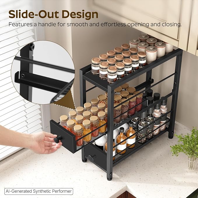 YATINEY Spice Rack, 3-Tier Pull Out Spice Rack Organizer for Countertop, Narrow Kitchen Countertop Storage Shelf with 2 Drawers, for Kitchen, Cafe, Black SR02BB