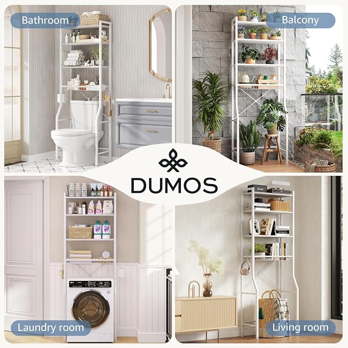 DUMOS Over-The-Toilet Storage Rack, 4-Tier Bathroom Organizer with Basket | Freestanding Above Toilet Storage Cabinet with Adjustable Shelf, Space Saver Bathroom Cabinet with 3 Hooks for Rooms, White