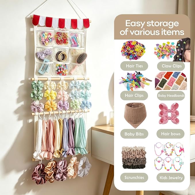 kangaroo Headband Holder Hair Bows Organizer for Baby Girls Nursery Decor | Multi-pocket&Large Capacity | Wall Hanging-15"L x 30"H | Easy to Grab | Nursery Essentials | Baby's bows&headbanfs Organizer