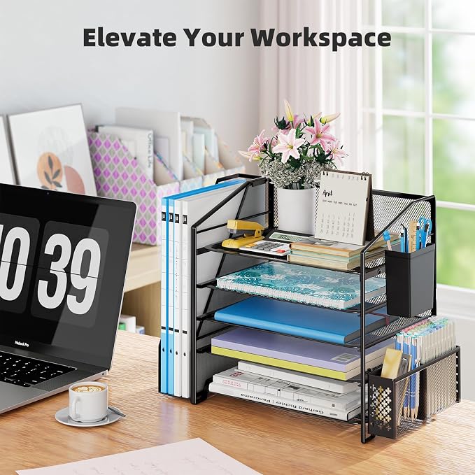 Simple Trending 5-Tier Desk File Organizer with 2 Pen Holders, Black | 17.5"L x 9"W x 13"H, 5 Trays + Side File Holder + 2 Pen Containers, Powder-coated Steel Mesh, Easy Assembly, 24H Support