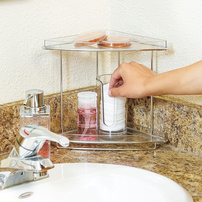 mDesign Steel/Plastic Freestanding Countertop Corner Shelf Organizer with 2-Tier Storage for Bathroom, Vanity, Cabinet, Counter - Holds Makeup, Bath Gel - Prism Collection - Clear