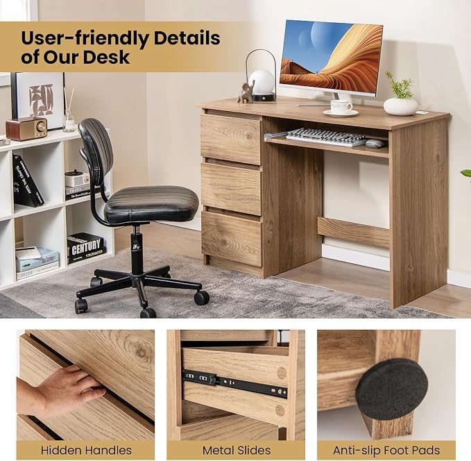 DREAMADE 42" Computer Desk with 3 Drawers and Keyboard Tray, Natural | Wood Study Desk with Storage, Built-in Charging Station & Slide Out Tray, Writing Table for Home Office Studyroom & Bedroom