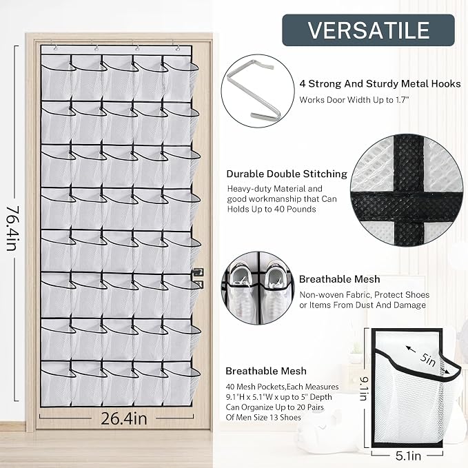 40-Pocket Over the Door Shoe Organizer - Large Mesh Pocket Hanging Shoe Organizer,Behind the Door Shoes Storage Holder Hanger (Pink)