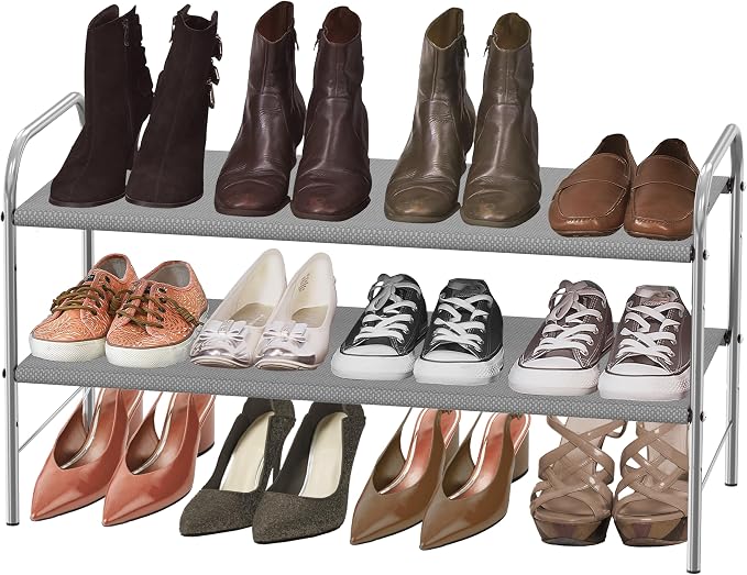 Simple Houseware 2-Tier Shoe Rack Storage Organizer, 12 Pairs, Grey | Space-Saving Shoe Shelf with Sturdy Metal Frame and Non-Woven Fabric Shelves for Entryway, Garage & Corridor